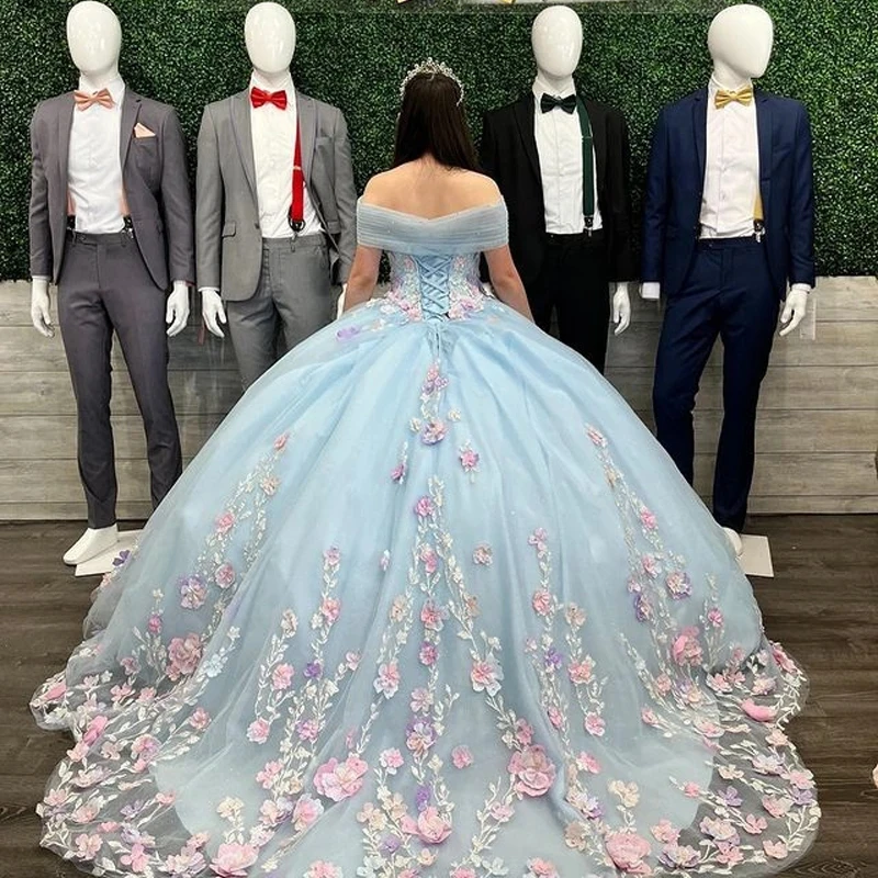 ANGELSBRIDEP Sky Blue Quinceanera Dresses With Pink 3D Flowers Floral Appliques Lace Vestidos De XV Anos Sweet Sixteen Dress