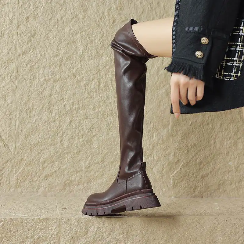 Krazing Pot 2025 Cow Leather Round Toe Thick Bottom Winter Keep Warm Modern Retro Zipper Platform Stretch Over-the-knee Boots