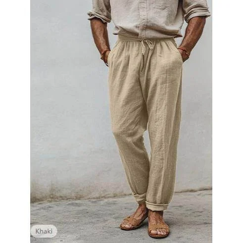 

Men's Comfortable Straight Leg Drawstring Elastic Waist Beach Pants Pure Color Summer Trousers Citywalk Cotton 100% Fabric