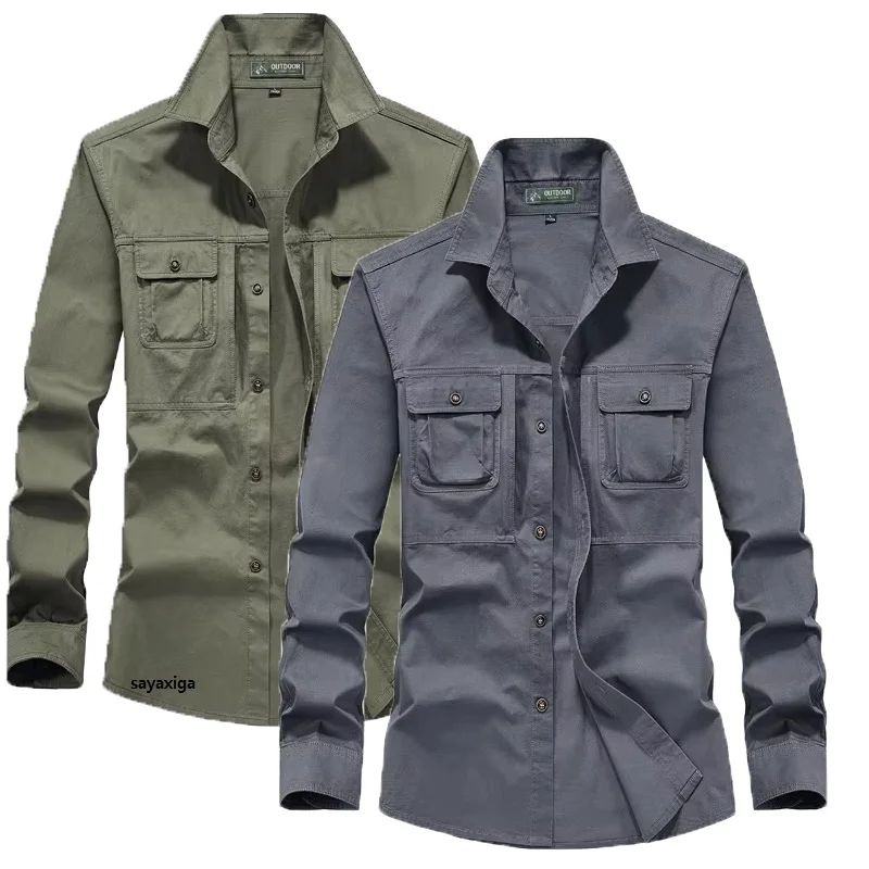 

Men Outdoor Long Sleeved Cargo Shirts High Quality Man Multi Pockets Loose Tooling Shirts New Spring Male Cotton Shirts Size 5XL