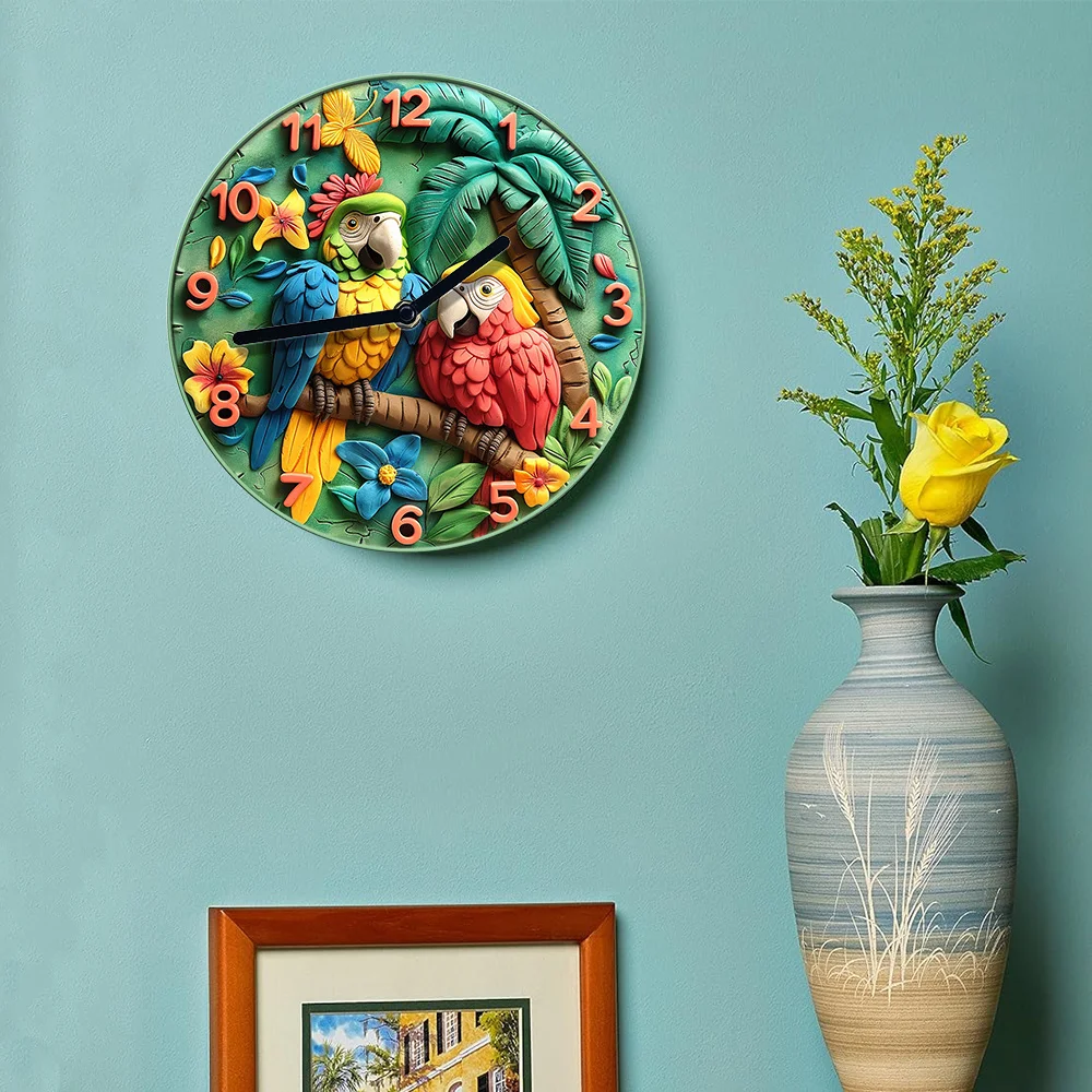 2D Parrots Wall Clock - High-Definition 2D Flat Printing, DIY Assembly Kit, Includes Clock Movement Wall Clock Modern Design