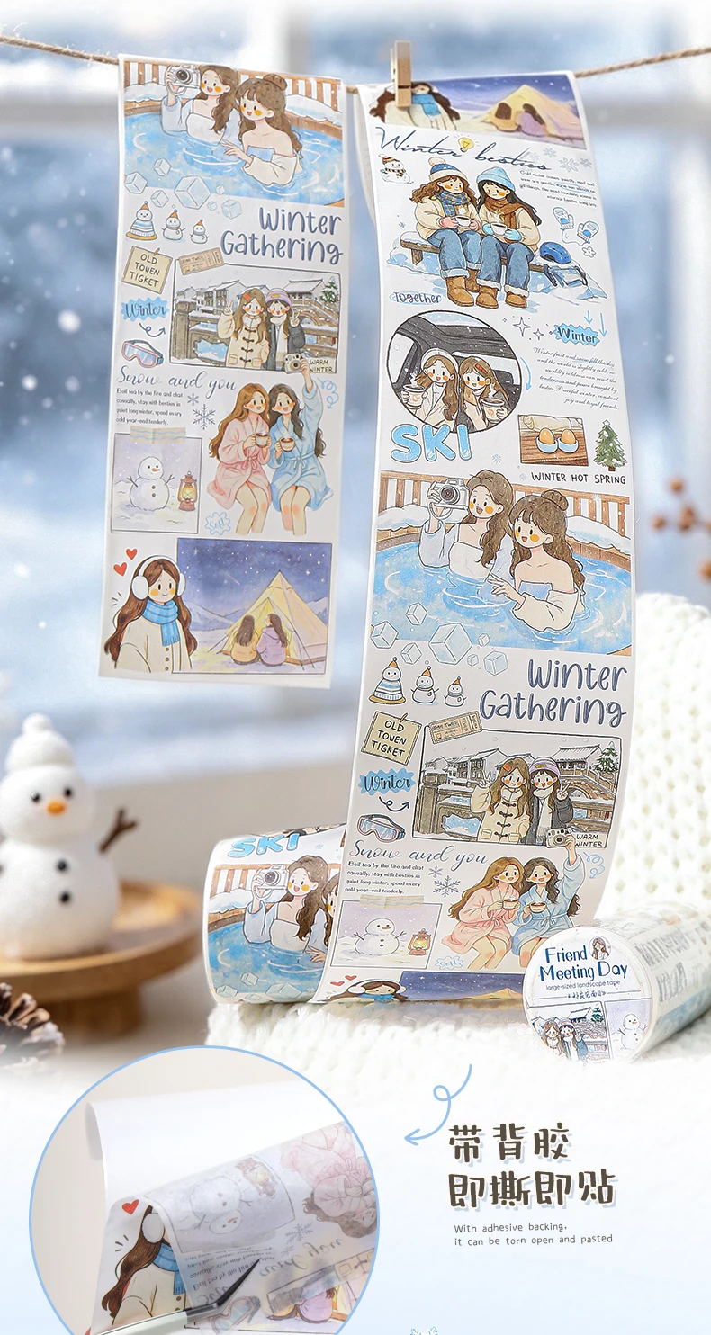 Journal GO 8cmx2m Washi Tape Sticker Set – Cute Friends Objects & Words Decals for Journaling Scrapbooking and DIY Card Crafts