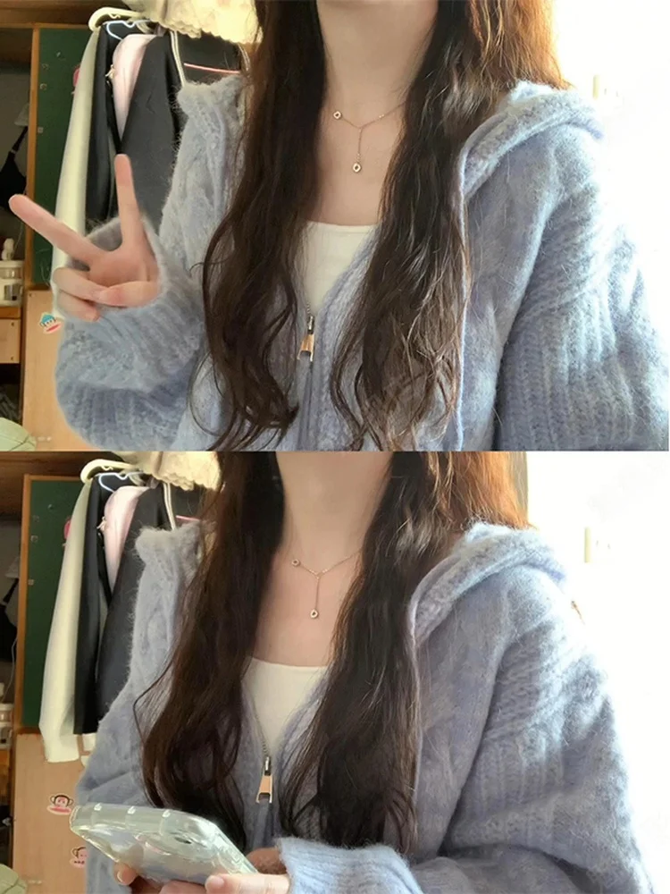 

Корейский вязаный кардиган на молнии с капюшоном в стиле Lazy Style, с длинными рукавами, для женщин, весна-осень, винтажный, свободный, мягкий, верхняя одежда