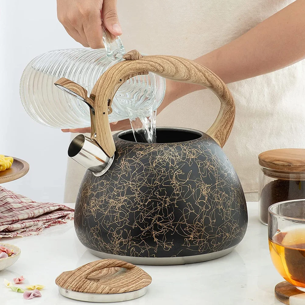 

Stainless Steel Kettle Wood Grain H Easy Clean Retro Stainless Steel Teapot Home Kettle Heat resistant Water Boiler