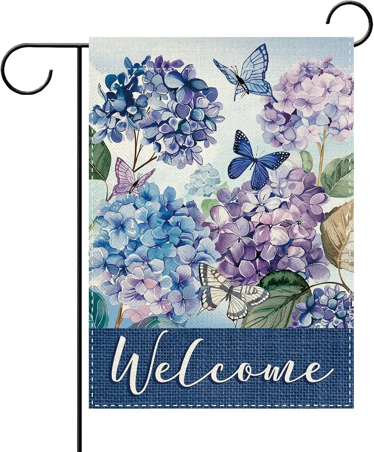 Welcome Spring Summer Hydrangea Flower Decorative Garden Flag, Blue Purple Floral Butterfly Botanical Small Yard Outside Dec PPM