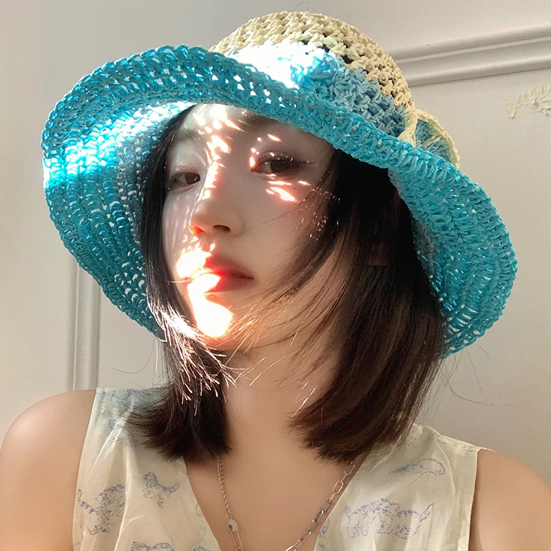 Korean Pastoral Style Hand-crocheted Flower Color Matching Straw Hat Women's Summer Vacation Big Brim Hollow Sunshade Sun Cap