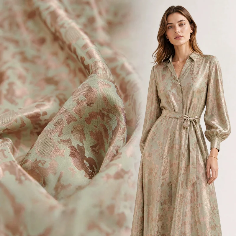 Silky, glossy, light green, small floral pattern, non-transparent, dark patterned jacquard fabric for shirts, skirts, and Hanfu