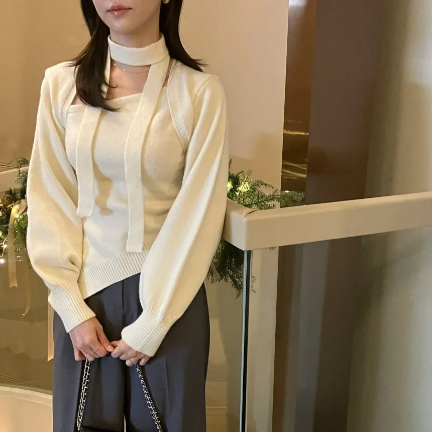 

Ele Loose Long Sve Knitted Sweater Women's Faion Autumn New Sle Irregular Design Fake Two-Piece Casual Streetwear