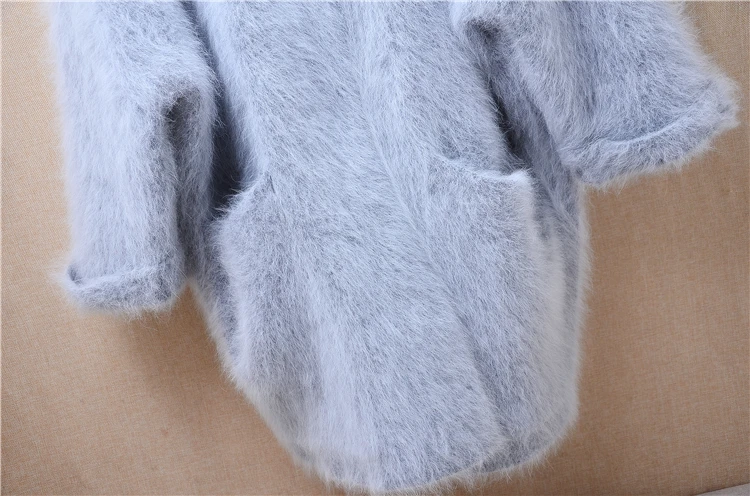 Female Women Fall Winter Thick Warm Grey Hairy Mink Cashmere Knitted Half Sleeves Loose Cardigans Angora Sweater Jacket Coat Top