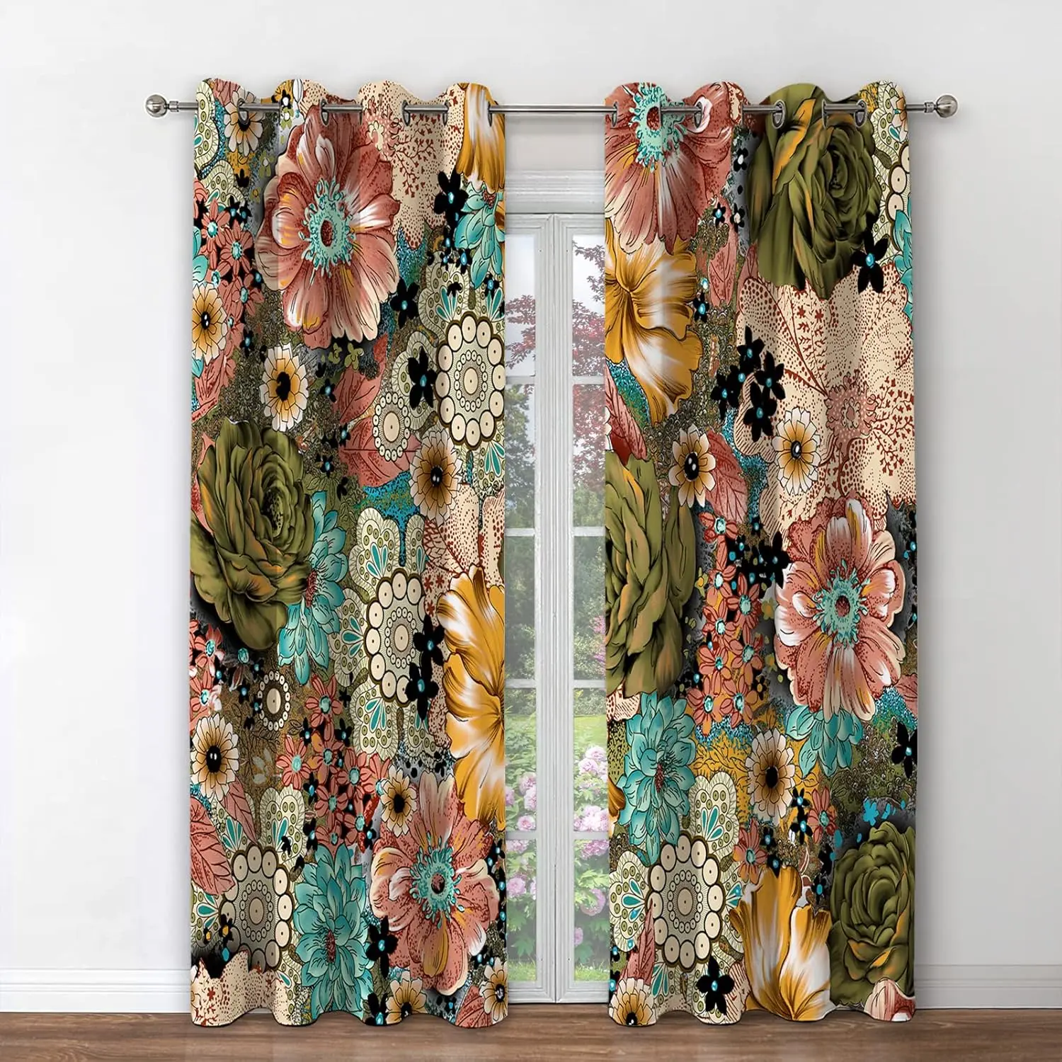 

Jekeno Boho Floral Blackout Curtains - Colorful Flowers Bohemian Decor For Bedroom Living Room Darking Grommet Window Drapes 2
