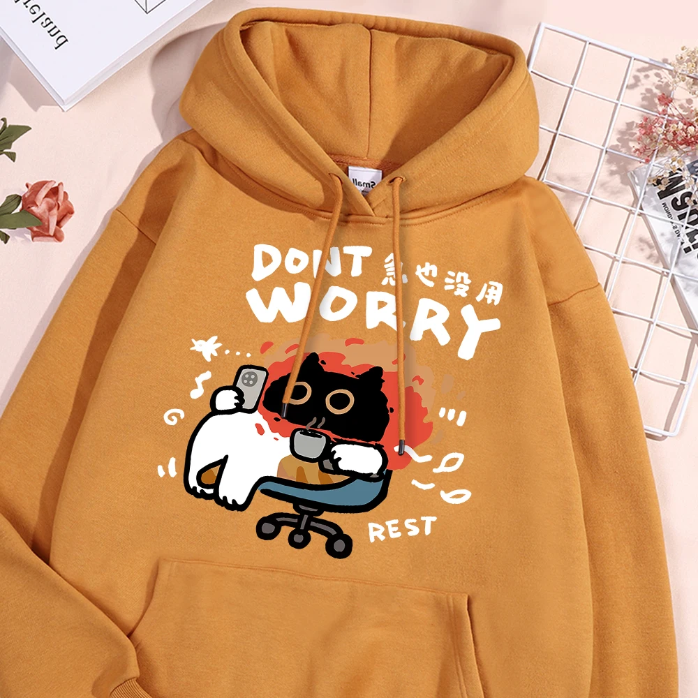 Dont Worry Fun Cat Hoodies Men Women Fashion Harajuku Style Hoody Loose Fleece Clothing Oversize Pullover Sweatshirt Couple