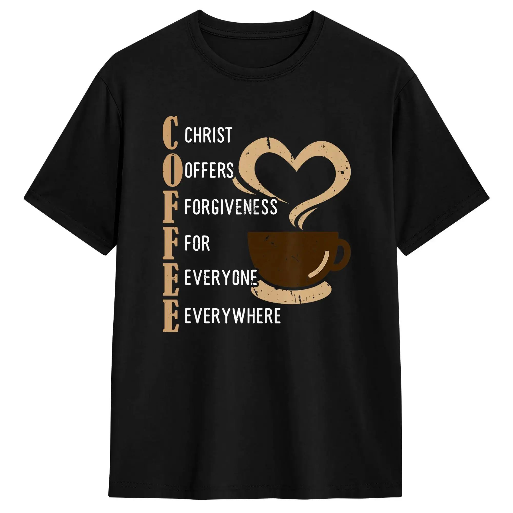 Coffee Christ Offers Forgiveness for Everyone Everywhere T-Shirts for Men  Vintage Cotton Tees O Neck Short Sleeve T Shirts