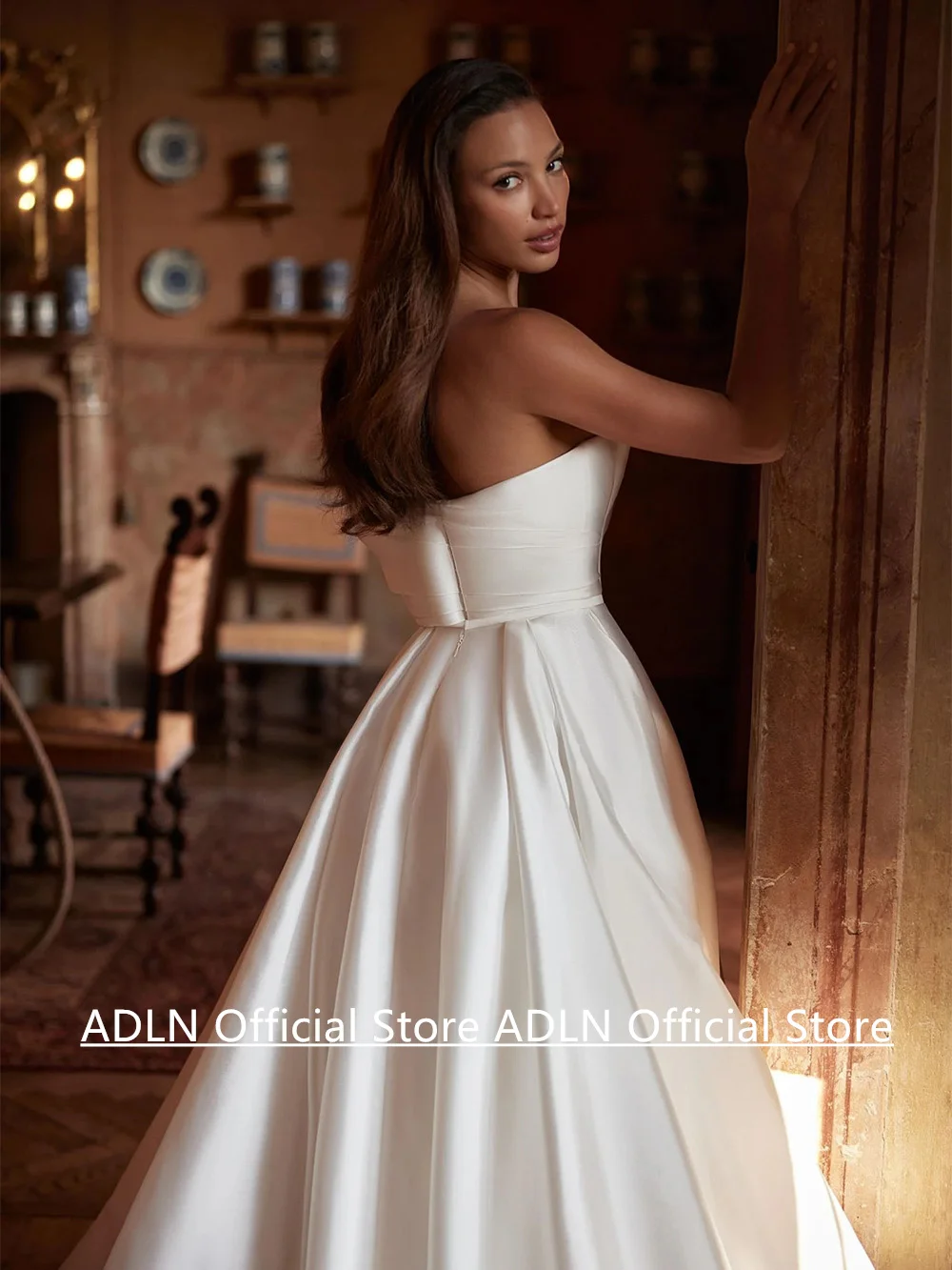 فستان زفاف من الساتان Vestido De Noiva مخصص بدون حمالات مع فيونكة مطوي وسحاب خلفي على شكل حرف A ذيل محكمة فستان زفاف نسائي