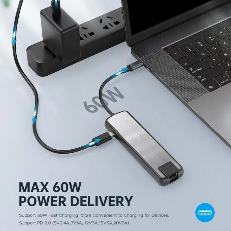 

D46B USB C Hub Laptop Monitors Multiport Adapter Dock Dongle USB C to USB3.0 PD60W Gigabits Ethernet USB C Docking Station