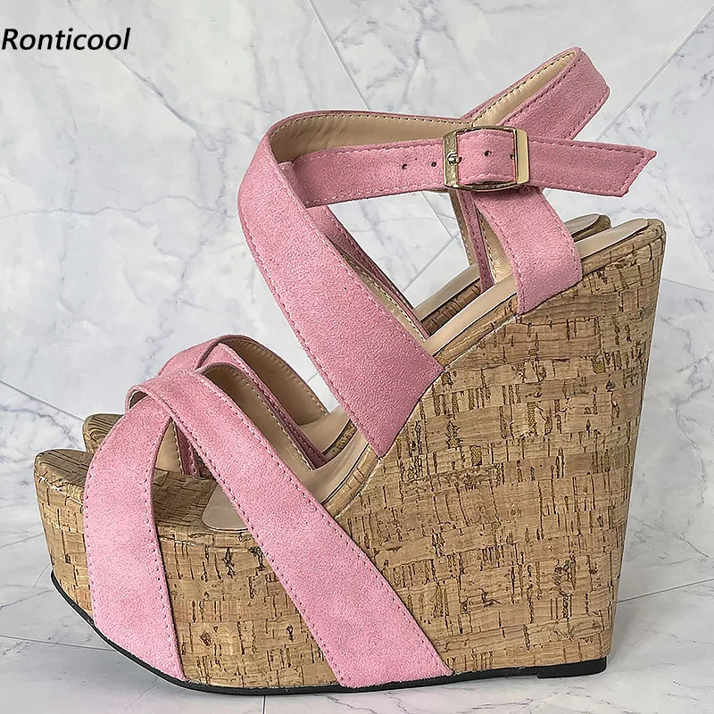 

Ronticool Handmade Women Gladiator Sandals Flcok Wedges High Heels Round Toe Pretty Pink Party Shoes Ladies US Plus Size 5-20