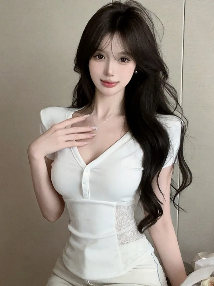 

Pure Desire Spicy Girl Hollow out Lace V-Neck Short Sleeve T-Shirt Women Summer New Fashion Waist Sexy Short Top