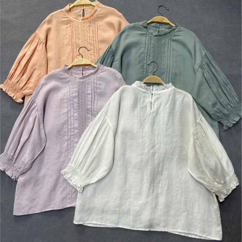 Summer New Vintage Linen Lace Tops Blouses 2024 Casual Simple Solid Color Loose Ruffles Collse Women Shirts