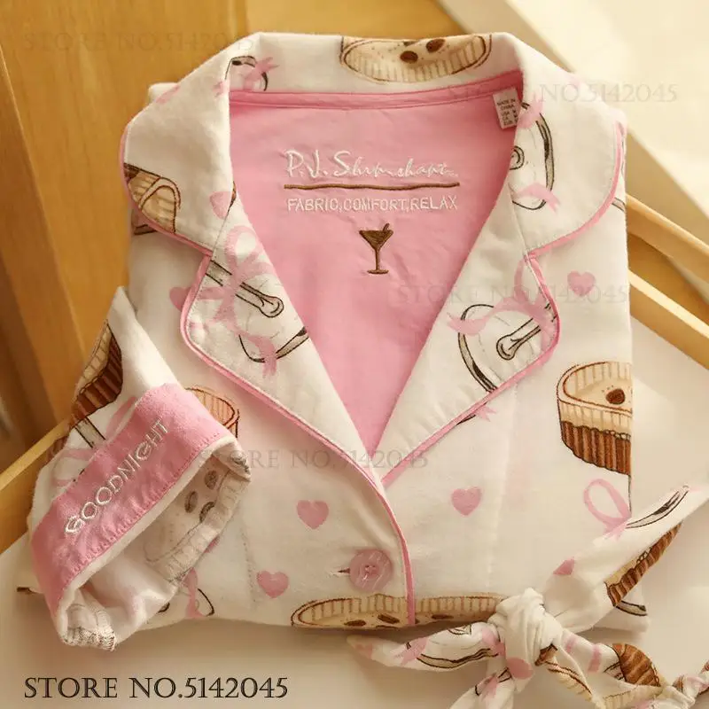 

Sweet Women's Sleepwear 2PCS Pajamas Set Spring Autumn New Cotton Night Wear Pijamas Suit Loose Casual Home Clothes Pyjama