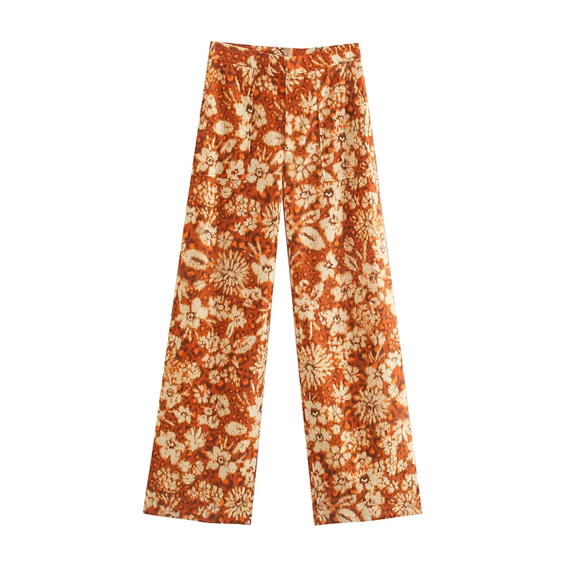 SIYANG Vintage Print Zip Fly Straight Pants Women Fashion Side Pockets Trousers Ladies Chic Pants