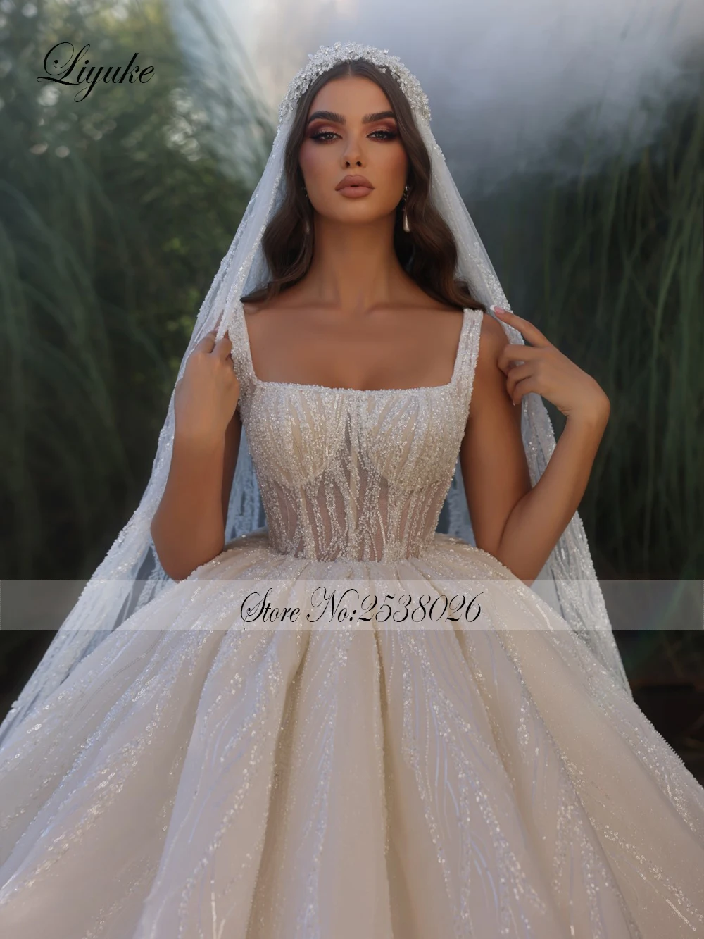 Liyuke gola quadrada vestido de baile vestidos de casamento luxo deslumbrante miçangas pérolas bordado princesa saias de noiva