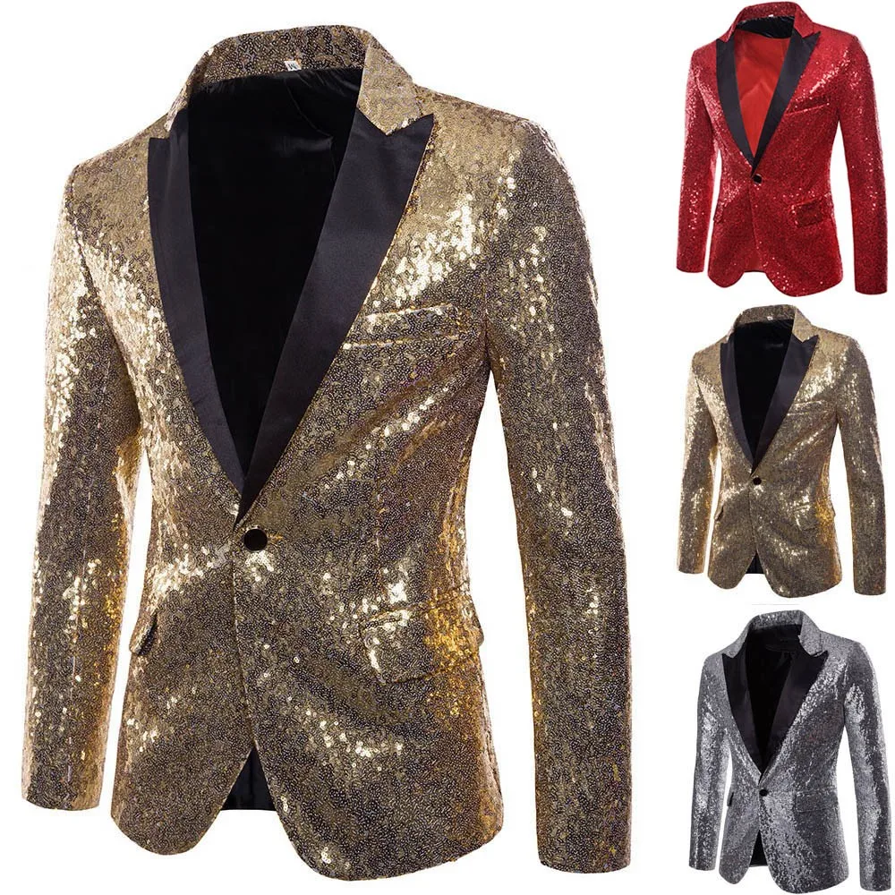 Shiny Gold Sequin Glitter Embellished Blazer Jacket Men Nightclub Prom Suit Blazer Men Costume Homme Stage Clothes For singers