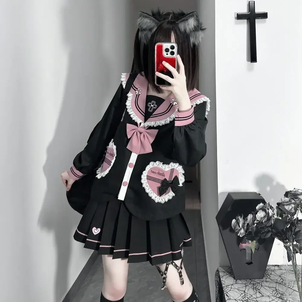 Cute Cat Bow 3 Piece Set Japanese Harajuku Style Black Pink Girl School Uniforms Pleated Skirt Sweet Women JK Kawaii Sailor Suit