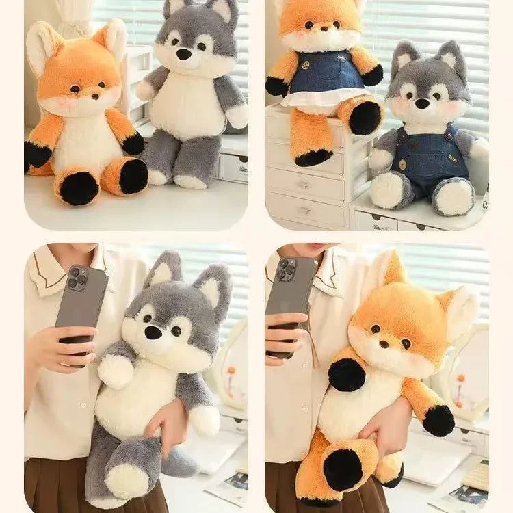 New 35/50cm Fox/Wolf Plush Toys with Long Legs Soft Fluffy Fox Wolf Doll Wearing Jeans Dresses Lovely Toys for Kids Nice Gift