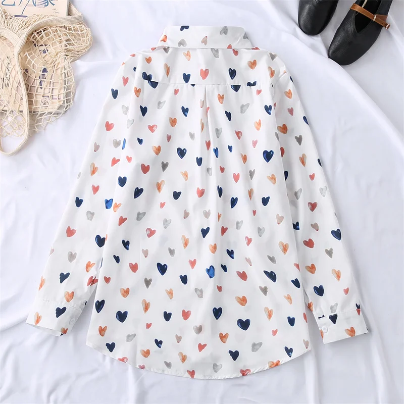 Vintage Love Print Button Up Long Sleeve Blouses for Women Casual Tops Autumn Shirts Office Wear Streetwear Chemise Femmes