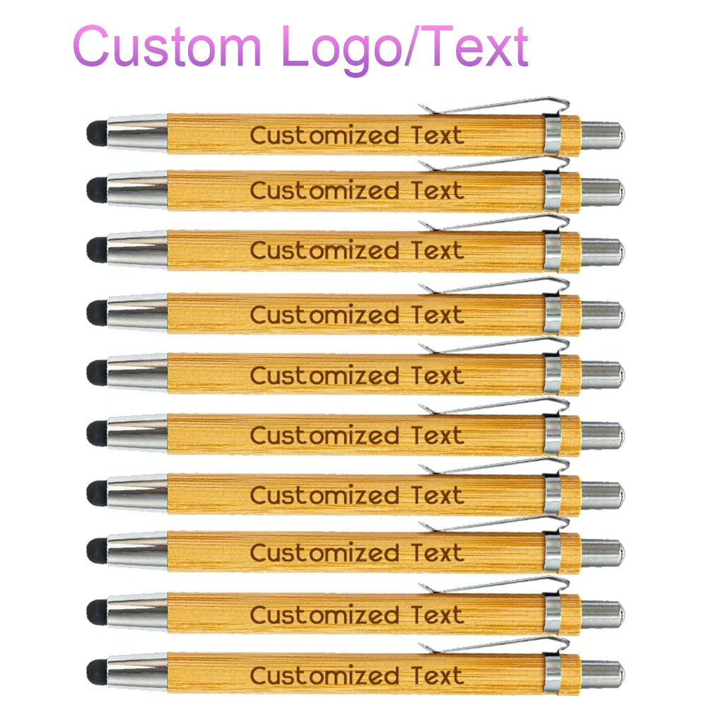 Custom Logo Bamboo Ballpoint Pen Stylus Screen Touch Ball Point Pen Office Supplies Customized Text Name Business Baptist Gift