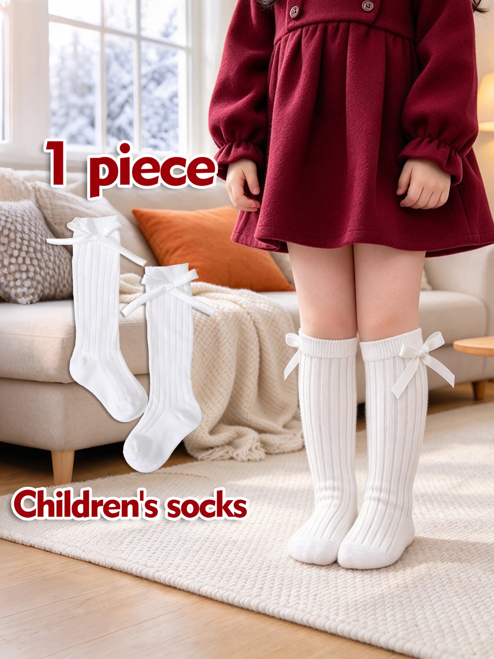 1Piece Girls Knee High Socks, Soft Cotton Bow Decor Cute Princess Kids Socks, Four Season Mid Calf Socks for Toddler Girls 0-8Y