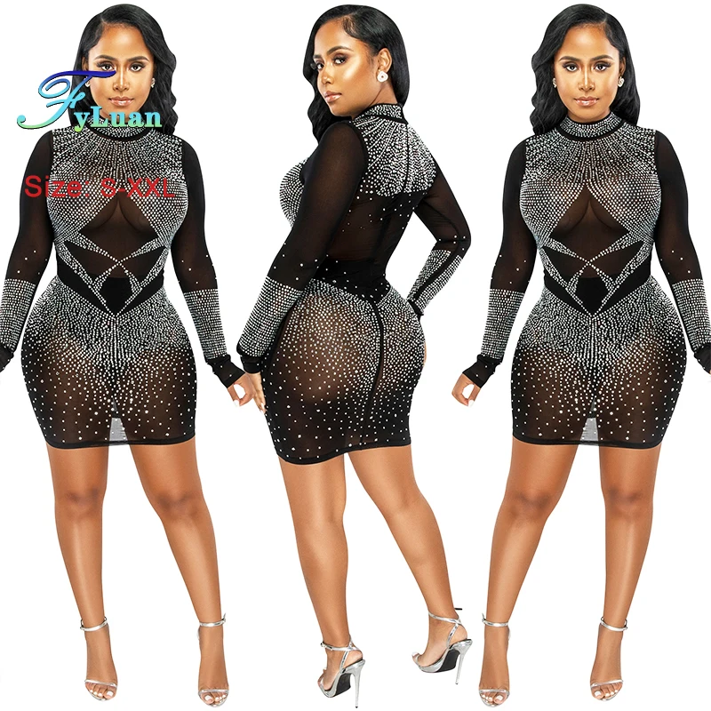 قائمة جديدة المرأة فستان قصير شبكة منظور طويلة الأكمام ضيقة التفاف الورك فستان رسمي حفلة موسيقية عالية مساء عيد ميلاد رداء