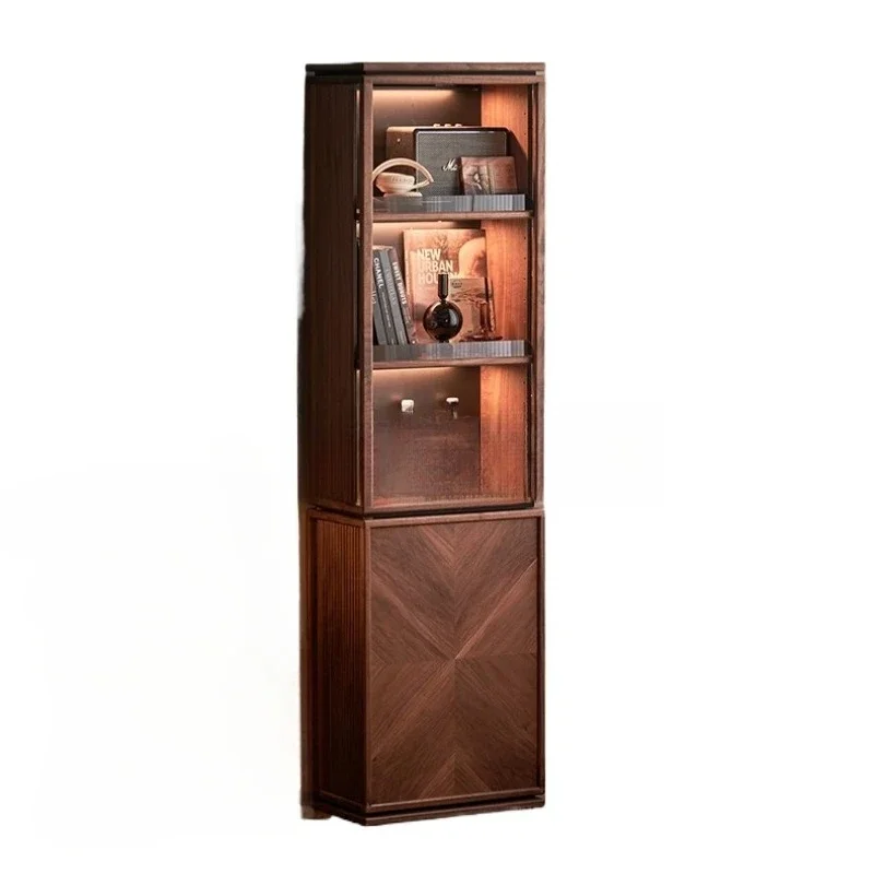Solid wood narrow bookcase desk integrated black walnut, pull cabinet