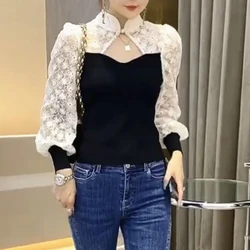 Spring Autumn New Stand Collar Long Sleeve Blouse Women High Street Hollow Out Patchwork Button Pullovers Elegant All-match Tops