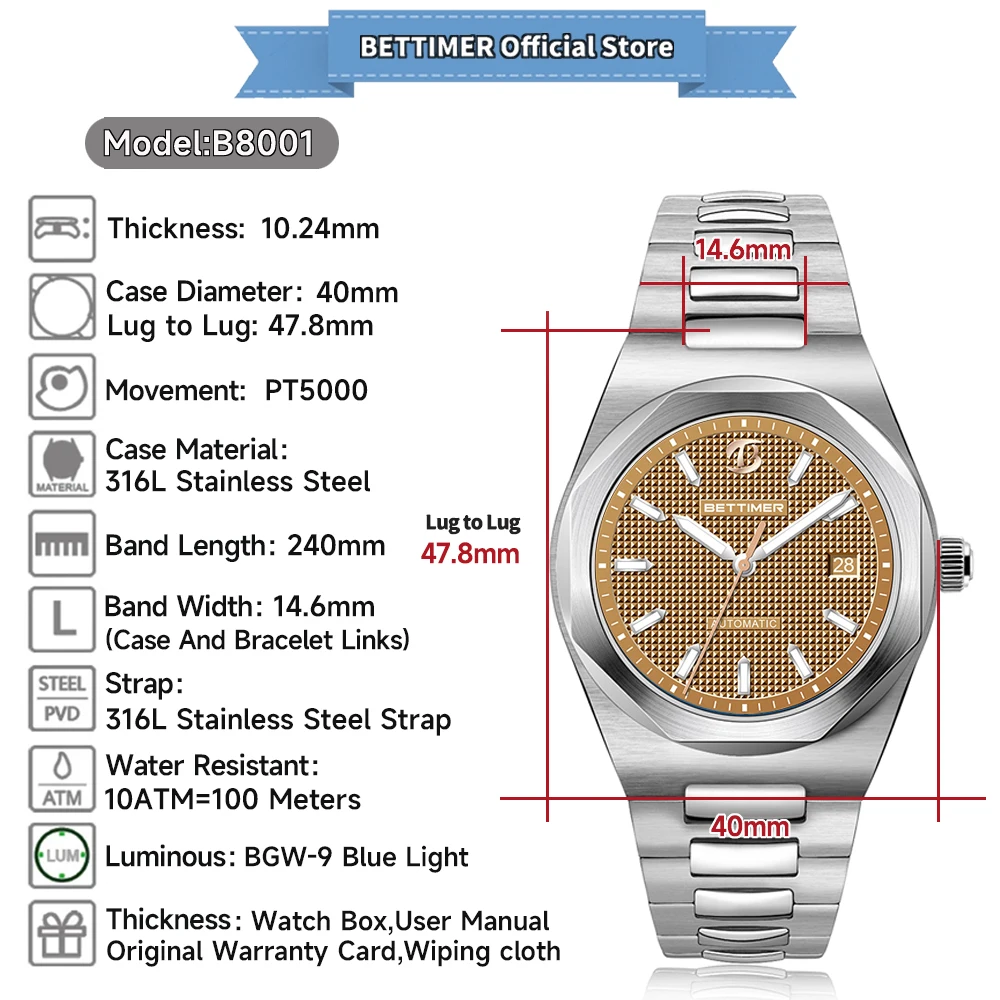 2024 nowy BETTIMER męskie automatyczne zegarki mechaniczne PT5000 szafirowe szkło luksusowe sportowe 10Bar zegar BWG-9 Relogios Masculino