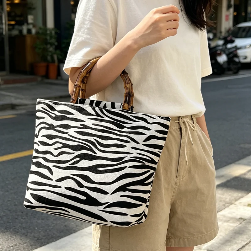Black and White Zebra Print Women's Tote Bag, Bamboo Handle Large-Capacity Commuter Bag, Multifunctional Daily Travel Bag