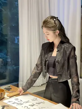 Terno Tang de manga comprida para senhora, jaqueta Qipao, top elegante Cheongsam, estilo chinês, traje protetor solar, verão