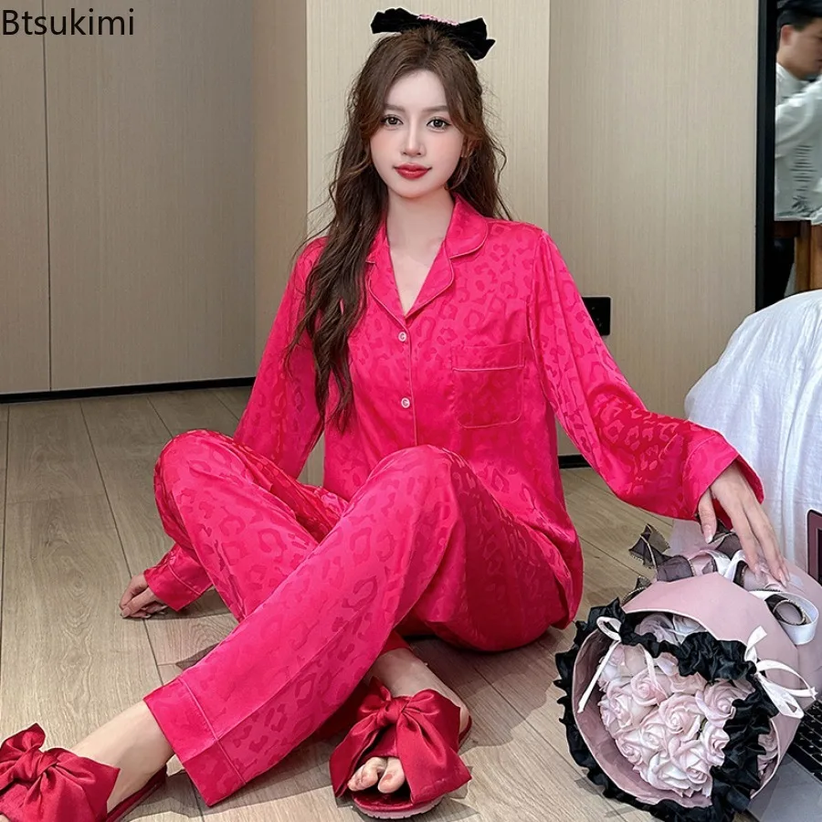 New Spring/Autumn Women's 2 Piece Silk Satin Pajamas Print Lapel Sleepwear Long Sleeves Female Pyjamas Fashion Ladies Homewear