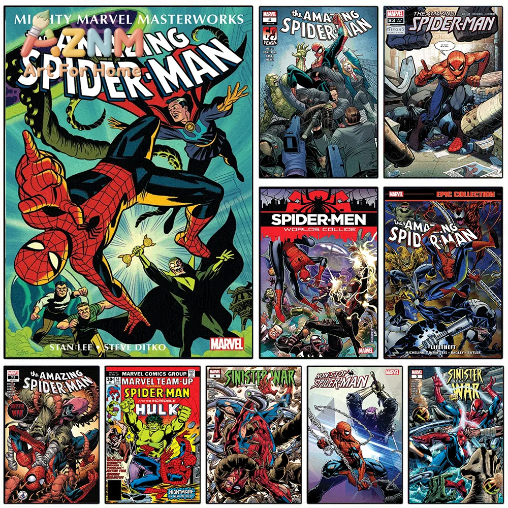 The Amazing Spider‑Man Comic Canvas Print, Vintage Superhero Graphic Art Poster, Frameless Canvas Wall Picture for Man Cave Ga