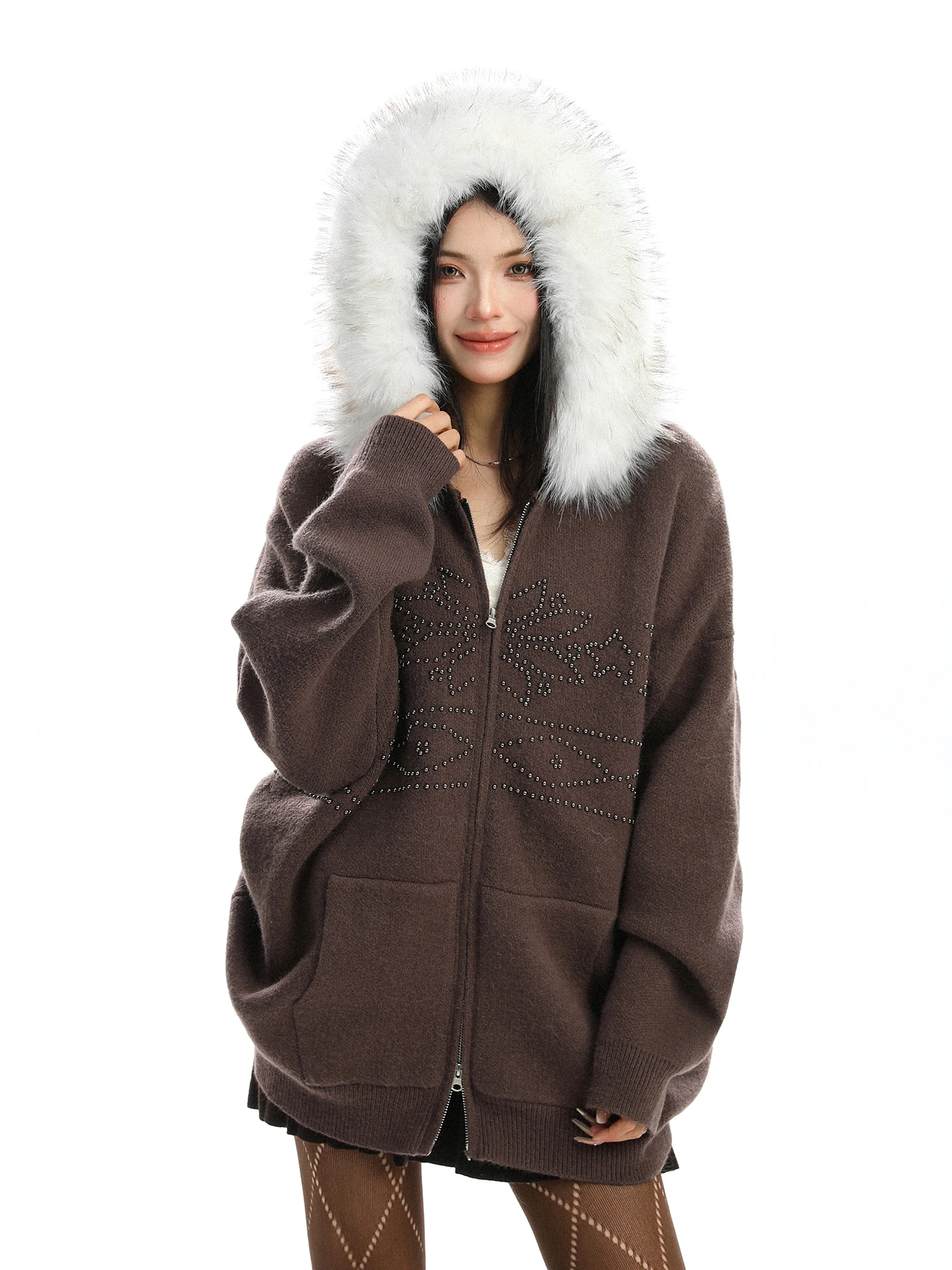 

Вязаный свитер с отстегивающимся меховым воротником и капюшоном, свободный крой, осенне-зимняя верхняя одежда для женщин