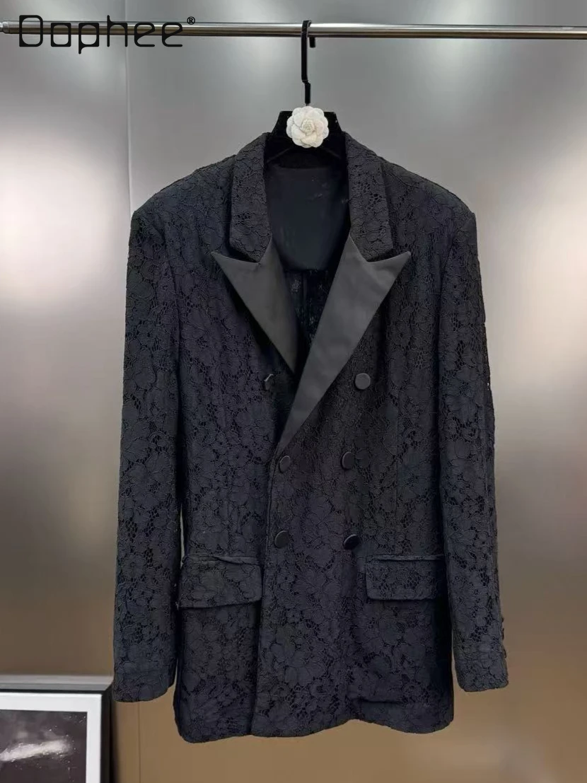 

Autumn French Retro Lace Floral Embroidery Lapel Blazer Women Office Lady Fashion Cross Collar Single-Breasted Loose Blazers