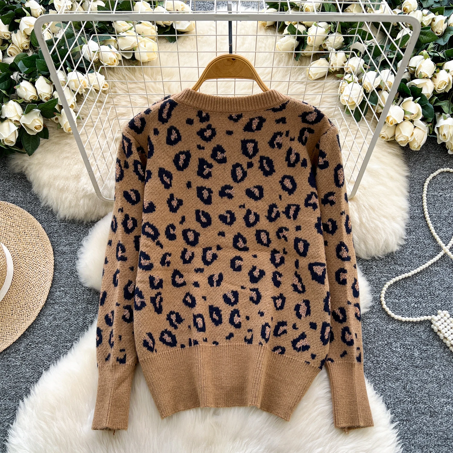 Maglione da donna leopardato 2025 Autunno Inverno Nuovo stile americano High Street O-Collo Pullover Fahion Manica lunga lavorata a maglia Top caldi