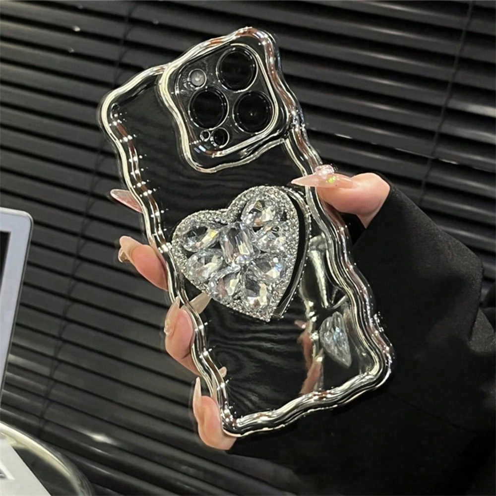 Luxury Cute Plating Mirror Case For iPhone 14 Pro Max 12 Pro 13 11 XS 8 Plus Diamond Love Heart Holder Stand Shockproof Cover