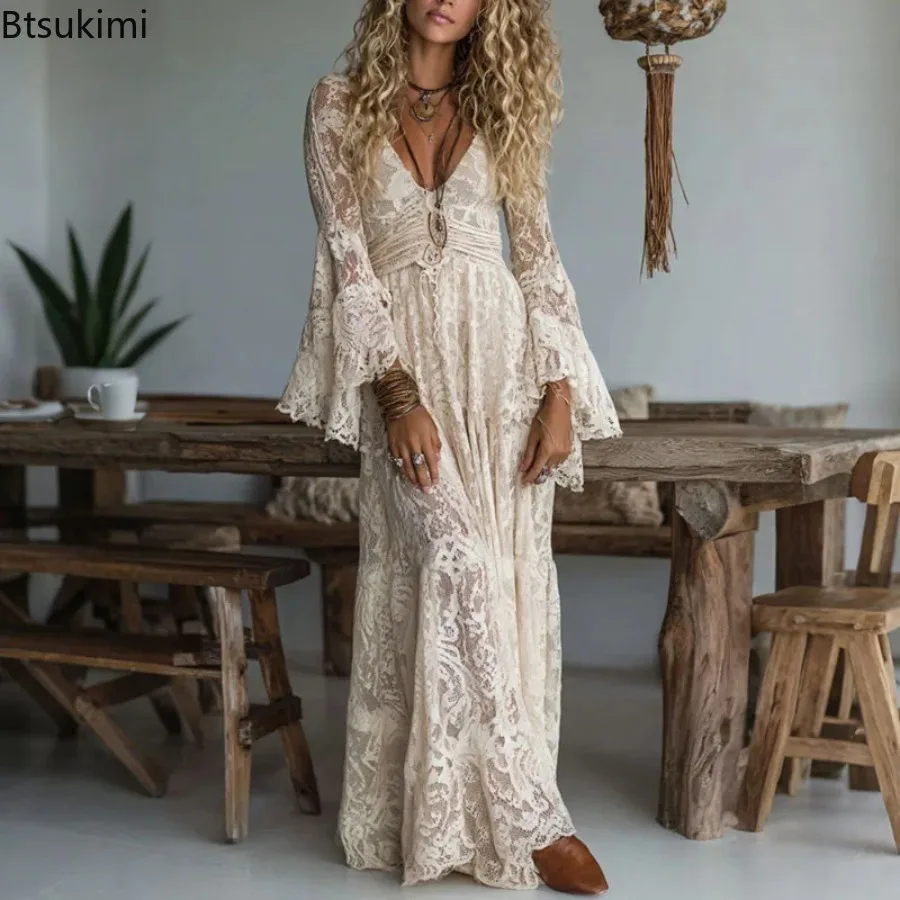 New Women's Sexy Deep V Neck Embroidery Lace Maxi Dress Fashion Flare Sleeve Hollow Out High Waist Ladies Vacation Long Dresses