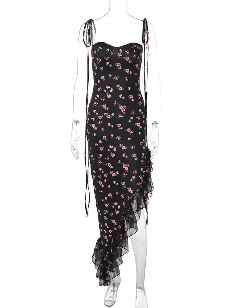 Floral impressão desliza sem costas rendas até babados irregulares sexy magro elegante maxi vestido de verão roupas femininas festa aniversário 5k6a