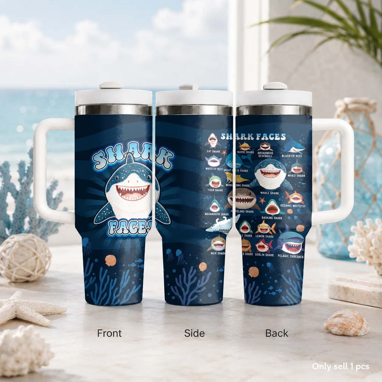 Cute Shark Faces Ocean Guide Vacuum Flasks 40oz Stainless Steel Insulated Tumbler With Handle & Straw Leakproof Travel Mug
