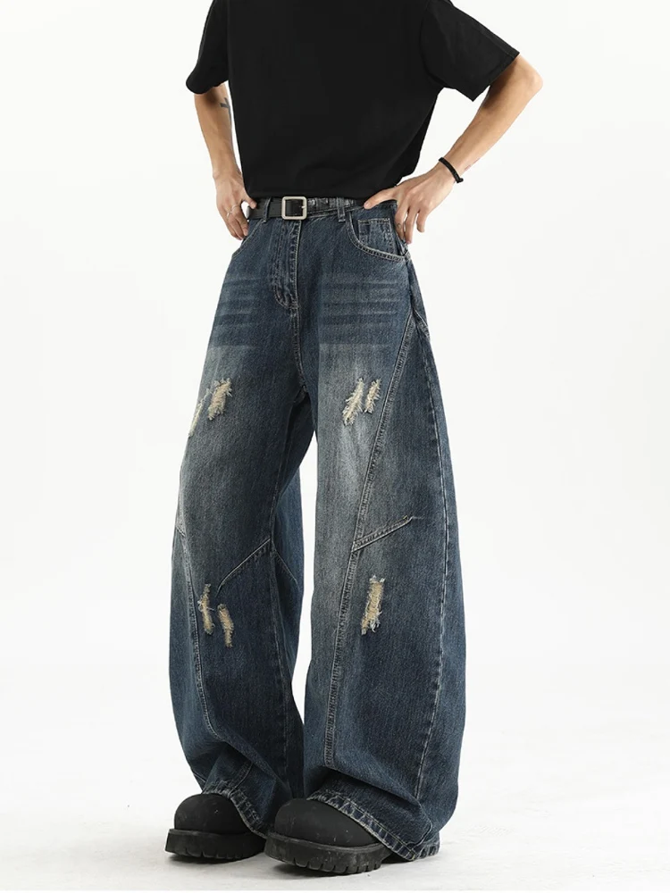 

American Retro Straight Leg Jeans Spring Summer High Street Cool ape Banana Wide Leg Workwear Long Pants Tear Hole Design