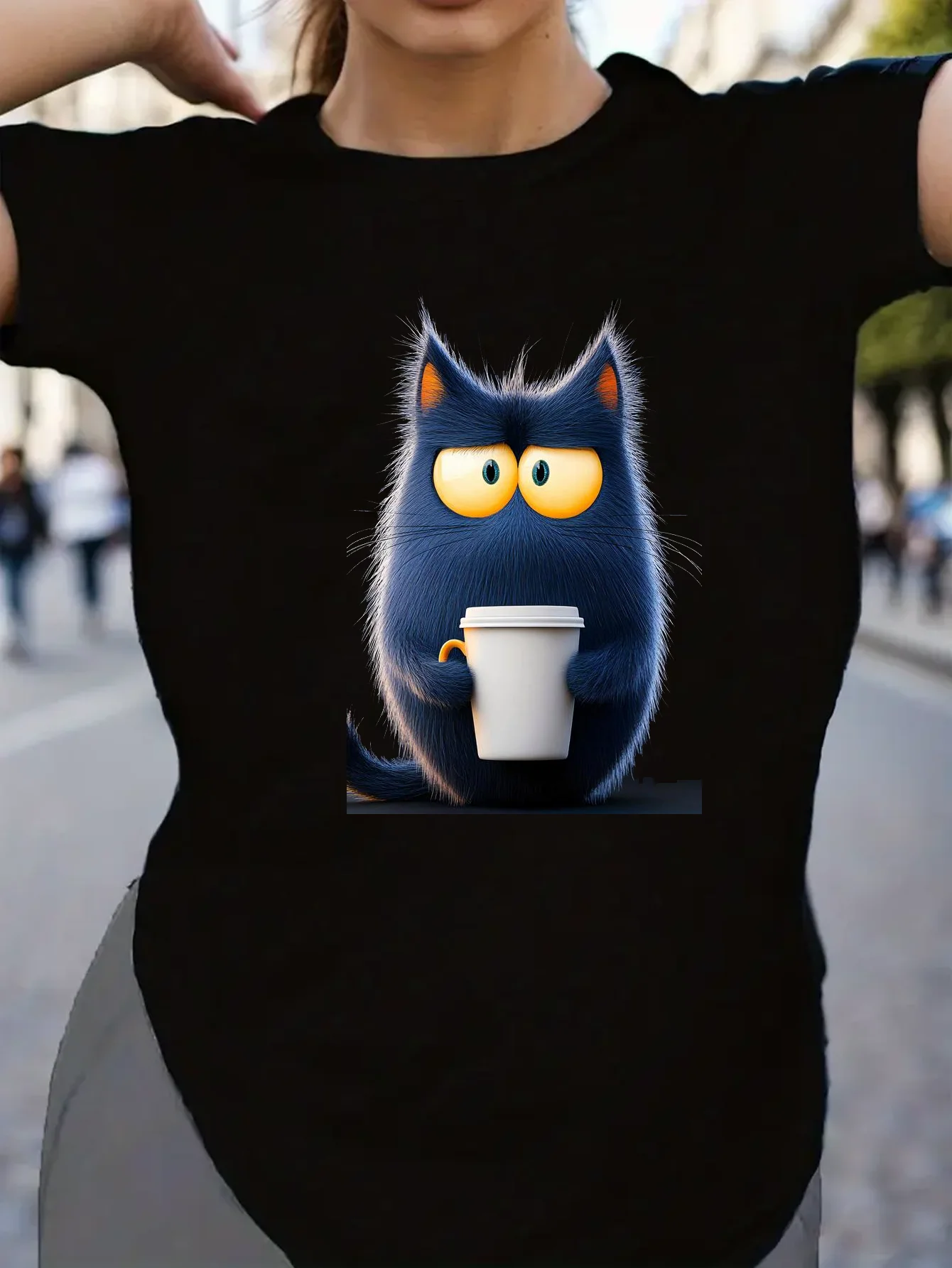 Coffee drinking blue cat print T-shirt, pure cotton material, wearing a cute and playful image