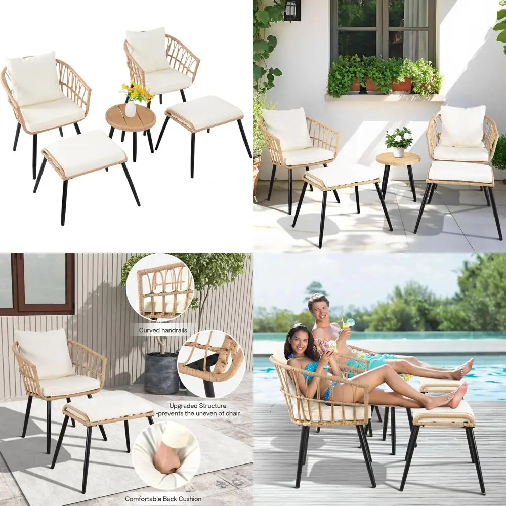 

Набор мебели для патио на открытом воздухе, комплект из 5 предметов, плетеный комплект бистро с пуфиком, круглым столом и стульями для балкона и сада