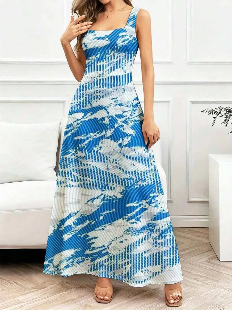 

Blue And White Abstract Print Square Neck Sleeveless Maxi Dress For Women