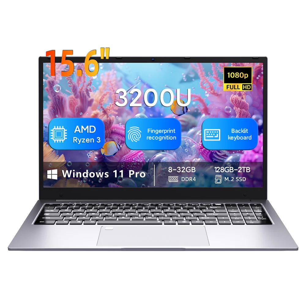 Portátil para juegos BEEX de 15.6 pulgadas con arranque por huella dactilar, Ryzen 3 3200U, Windows 11, DDR4 8GB RAM, SSD de 256/512GB, Wifi 2.4G/5.0G